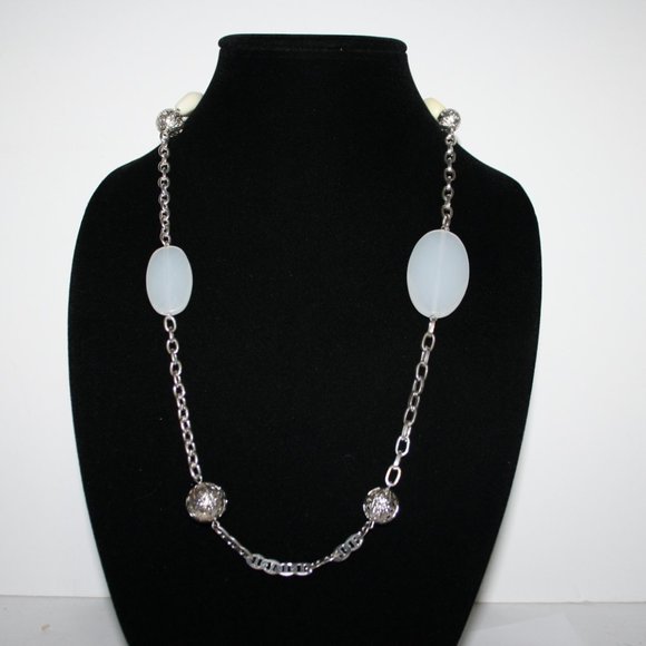 Long silver and opalite necklace 36"